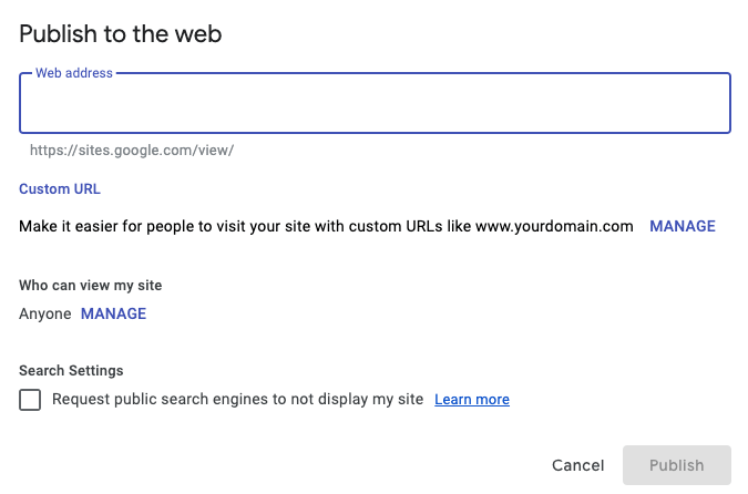 Google Sites Publish To Web Menu