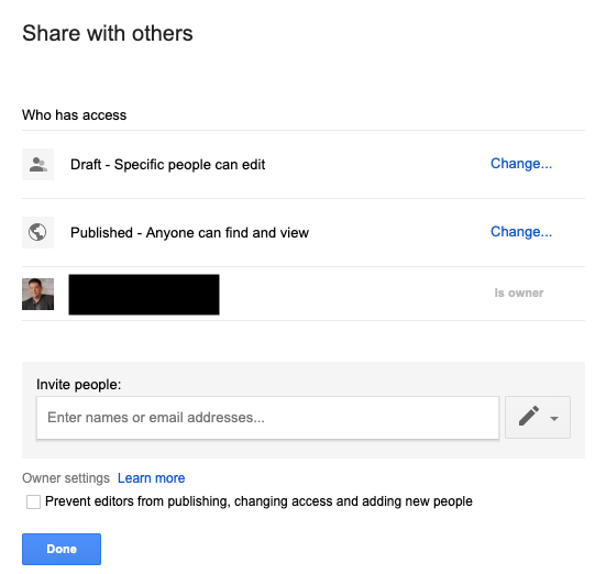 New Google Sites Share with Others Menu